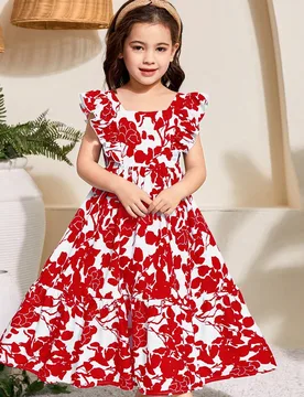 Vestido para niña pequeña con cuello cuadrado tejido con flor menuda, detalle de volante, aplicación de moño y diseño de espalda calada - Shein - FashionsVida