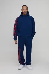 Men's Oversized Boxy Script Hoodie and Relaxed Split Hem Jogger Tracksuit Navy Size X-Small Navy XS