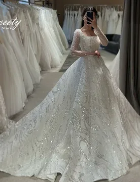 Luxurious Wedding Dress Embroidery With Beading Princess Ball Gown Square Collar Full Sleeve Button Vestido De Novia Customized - Aliexpress - FashionsVida