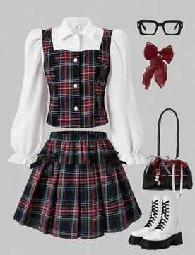 Conjunto de niña preadolescente con blusa de manga abullonada con cuello a cuadros y falda plisada con cintura elástica, estilo académico para prim - Shein - FashionsVida