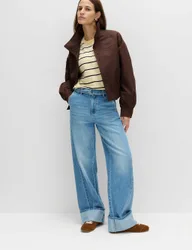 Pure Cotton Belted Wide Leg Turn Up Jeans Medium Indigo female