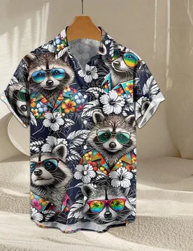 Camisa casual de vacaciones para hombres con estampado 3D de mapache - Shein - FashionsVida