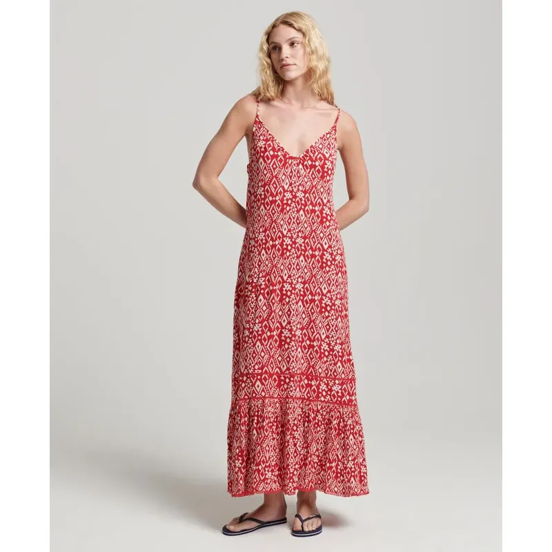 Vestito Senza Maniche Vintage Long Beach Cami Boho Red 2XS