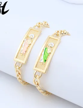 Religious Figure Gold Bracelet Set, Saint Medal with Green/Pink Robe & Halo, Classic Link Faith-Based Jewelry - Aliexpress - FashionsVida