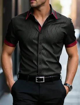 Camisa de manga corta con cuello alto y botones Manfinity Mode para hombre, estilo casual de negocios para ir al trabajo, camisa formal para hombre. A - Shein - FashionsVida