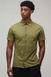 Mens Slim Fit Jersey Short Sleeve Revere Shirt - Khaki Cotton - Size X-Small
