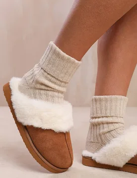 Women's 'Comfort' Slip On Slippers With Fur Trim Suede in Brown Size: 5 - Brown - Size: 5 - Where's That From - FashionsVida