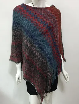 Street Spring Autumn New Style Women Cloak Lady Knitting Poncho Cape Tassel Color Matching Striped Pullover Shawl Red P5 - Aliexpress - FashionsVida