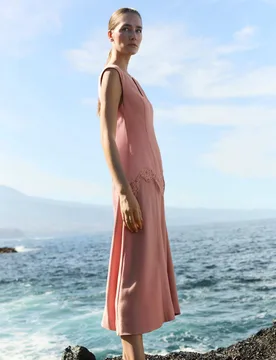 V-Neck Lace Insert Midi Column Dress Pink female - Jaeger - FashionsVida