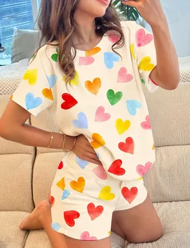 Verano,Lindo,Conjunto de Pijama a Juego Familiar para Adolescentes con Estampado de Corazón Pintado a Mano,Manga Corta y Pantalones Cortos,Ropa de Es - Shein - FashionsVida