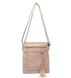 Braided Trim Double Compartment Crossbody Bag with Tassel Charm - Light Beige - Size: One Size