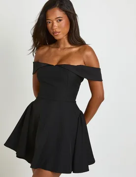 Womens Tailored Sweetheart Bardot Skater Dress - Black - Size 8 Uk - Boohoo - FashionsVida