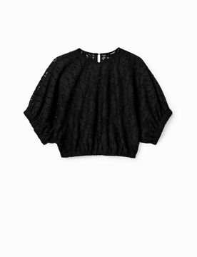 Blouse courte froncée dentelle, Polyester, Noir, M