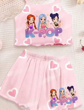 Conjunto de pijama de camiseta de tirantes y pantalones cortos con estampado de chica de dibujos animados de K-POP en color crema rosa, adecuado para - Shein - FashionsVida