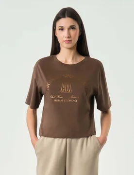 T-shirt crop Exchange color moro in cotone con stampa logo dorata - Armani - FashionsVida