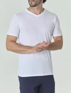 T-shirt bianca a mezza manica in misto lino e pima cotton con scollo a V - Rodolfo Pellizzari - FashionsVida