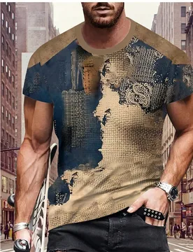Camiseta de manga corta con cuello redondo, estampado geométrico retro para hombres, casual y de moda, adecuada para deportes al aire libre en verano - Shein - FashionsVida