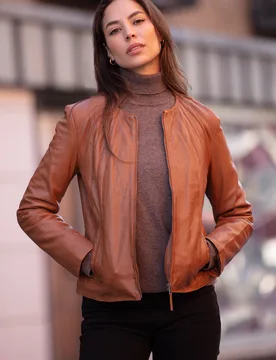 Womens 'Chambery' Collarless Real Jacket - Tan - Size 12 Uk - Ashwood Leather - FashionsVida