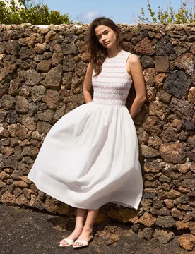 Cotton Rich Midi Shirred Dress White Mix female - RO&ZO - FashionsVida