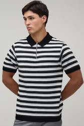 Herren Normal Geschnittenes StrickPoloshirt Mit Viertelreißverschluss Und Streifenmuster Black Größe XS