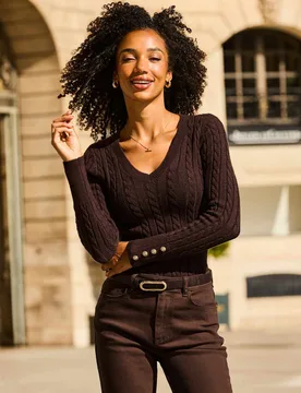 Cable Knit V Neck Jumper Brown female - Sosandar - FashionsVida
