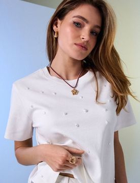 T-shirt in cotone con applicazione 3D - panna