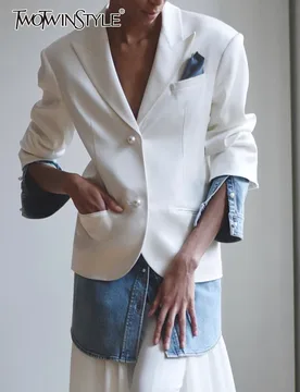 TWOTWINSTYLE Streetwear Slimming Spliced Denim Blazers For Women Notched Collar Long Sleeve Patchwork Button Chic Blazer Female - Aliexpress - FashionsVida