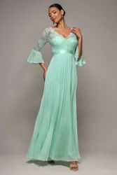 Scalloped Lace Bodice Pleated Chiffon A Line Maxi Dress - Mint - Size: 6