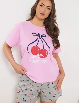 Cherry Pyjama Shorts - Grey - Size: 34-36 - Yours - FashionsVida