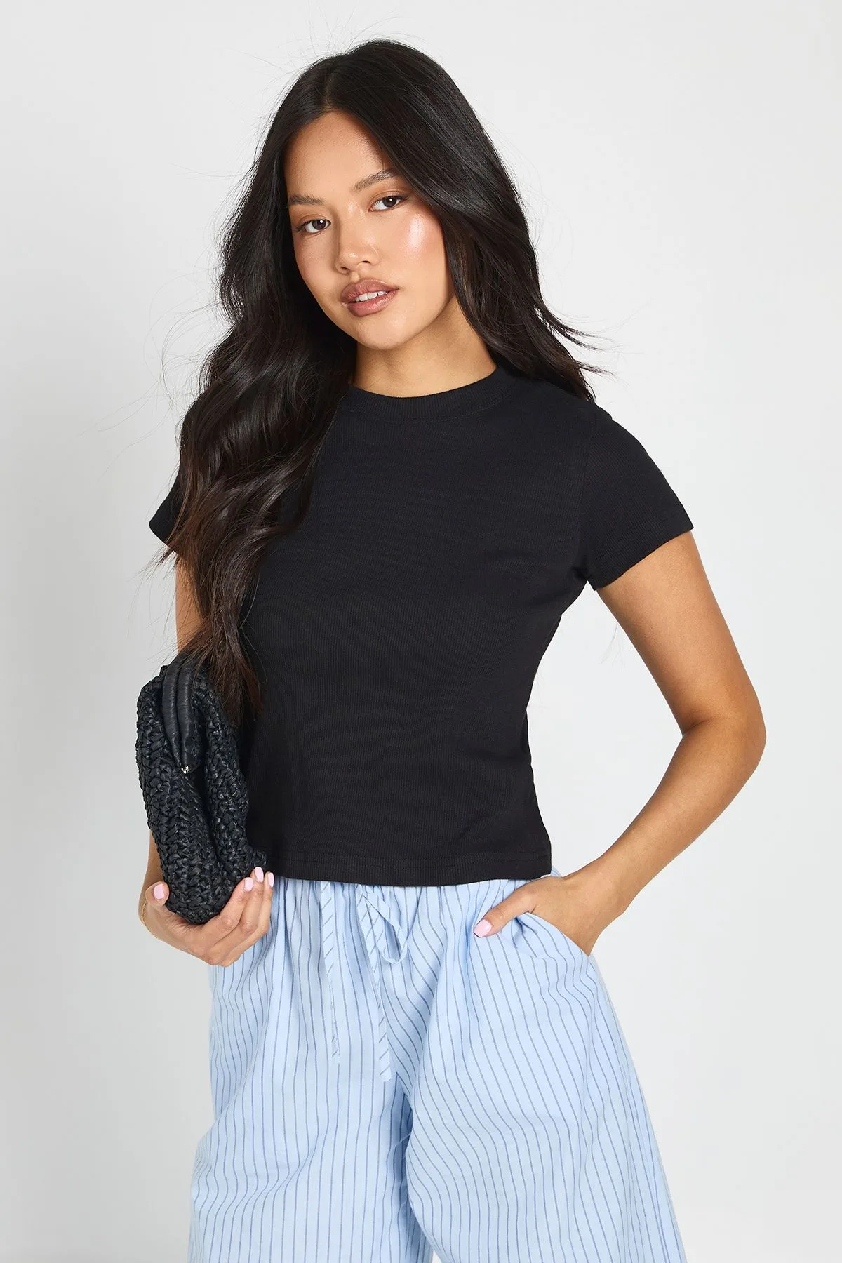 Womens Petite Basic Rib Short Sleeve Fitted Top - Black Cotton - Size 16 Uk - Boohoo - FashionsVida