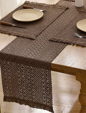 Pieza Camino de mesa estilo vintage americano, unicolor caqui tejido con borlas naturales, rectangular para mesa de café, soporte de TV, fiesta, cump - Shein - FashionsVida