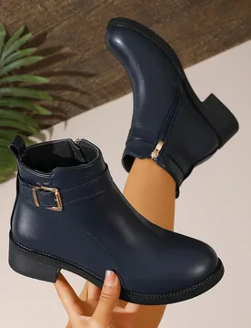 Botas de tobillo de estilo británico para mujer, punta redonda, hebilla de metal, cremallera lateral, forro transpirable, tacón grueso cómodo, vers - Shein - FashionsVida