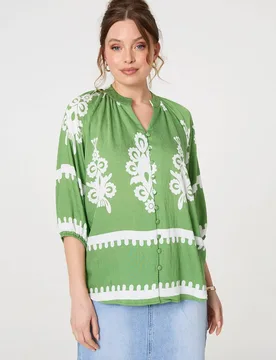 Women's Ikat Print 3/4 Sleeve Relaxed Blouse in Green Size: 12 - Green - Size: 12 - Izabel London - FashionsVida