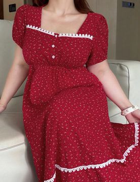 Camisón elegante con patchwork de encaje floral en la cintura para mujer talla grande, pijama de verano rojo