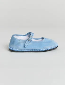 Friulane celeste in velluto di cotone con laccetto di chiusura - Le Papù - FashionsVida