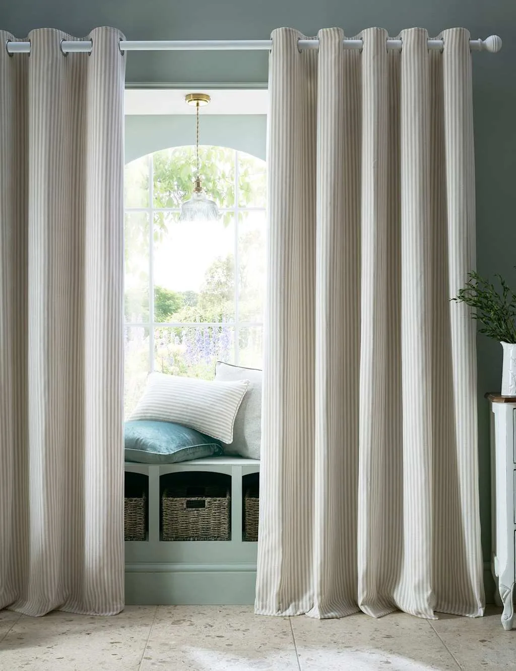 Cornish Chenille Striped Eyelet Curtains Natural - Laura Ashley - FashionsVida
