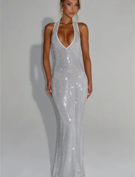 Shiny Silver Prom Dress Sexy Halter Sleeveless Backless Long Sheath Party Gown Luxury Formal Wedding Guest Birthday Evening Robe - Aliexpress - FashionsVida