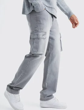 Herren Hohe Entspannte Steife Cargo-Jeans Hosen Mid Grey Größe 32 - boohooMAN - FashionsVida
