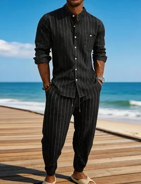 Men's 2 Piece Cotton Linen Set Vertical Striped Long Sleeve Henley Shirt and Drawstring Pants Casual Summer Beach Outfits - Aliexpress - FashionsVida