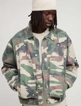 Men's Camo Removable Carpenter Panel Regular Fit Denim Jacket Khaki Size Large Khaki L - boohooMAN - FashionsVida