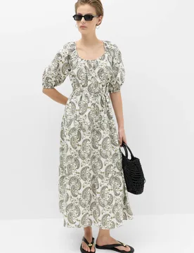 Pure Cotton Paisley Midi Waisted Dress Ivory Mix female - M&S - FashionsVida