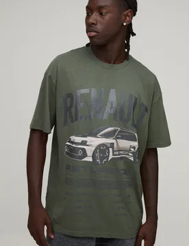 Mens Oversized Renault License Print T-Shirt - Khaki Cotton - Size Small - boohooMAN - FashionsVida