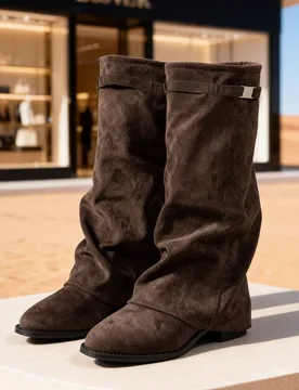 Par de botas de media pantorrilla de mujer de unicolor de terciopelo, versátiles y cómodas - Shein - FashionsVida