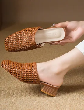Sandalias de mujer con punta cuadrada y tejido nuevo, elegantes, de tacón alto marrón, zapatos de tacón grueso para exteriores y fiestas, estilo bo - Shein - FashionsVida