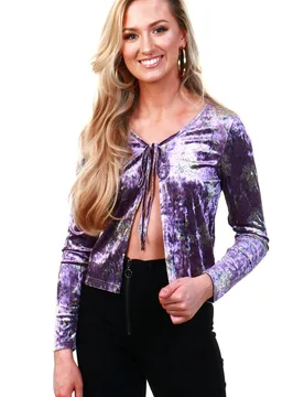 Women's Crushed Velvet Floral Tie-Front Top in Lilac Size: 10 - Lilac - Size: 10 - Cutie London - FashionsVida