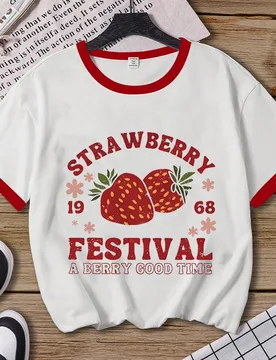 Camiseta de manga corta con estampado de fruta y fresa, bloque de color, informal y cómoda para primavera/verano, regalo de cumpleaños para niñas p - Shein - FashionsVida
