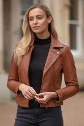 Women's 'Fia' Real Leather Biker Jacket Coat in Tan Size: 22 - Tan - Size: 22