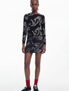 Falda mini lettering, Mujer, Algodon, Negro, XS