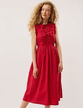 Pure Cotton Gingham Tie Neck Midi Dress Red female - Monsoon - FashionsVida