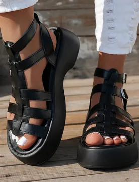 Sandalias de tacón alto con suela de cuerda para mujer, primavera/verano, sandalias con correa de hebilla y punta abierta, tacón grueso con lazo cru - Shein - FashionsVida
